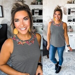 New Savanna Jane Boutique Striped Embroidered Cotton Blend Tank
